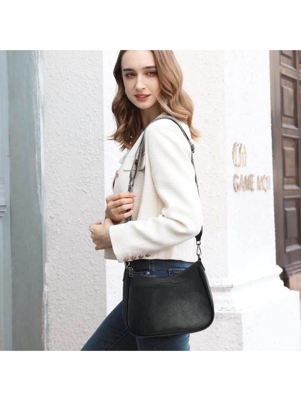 👜Women's Black Leather Crossbody Purse Shoulder Bag Wide Strap Travel - Picture 2 of 6